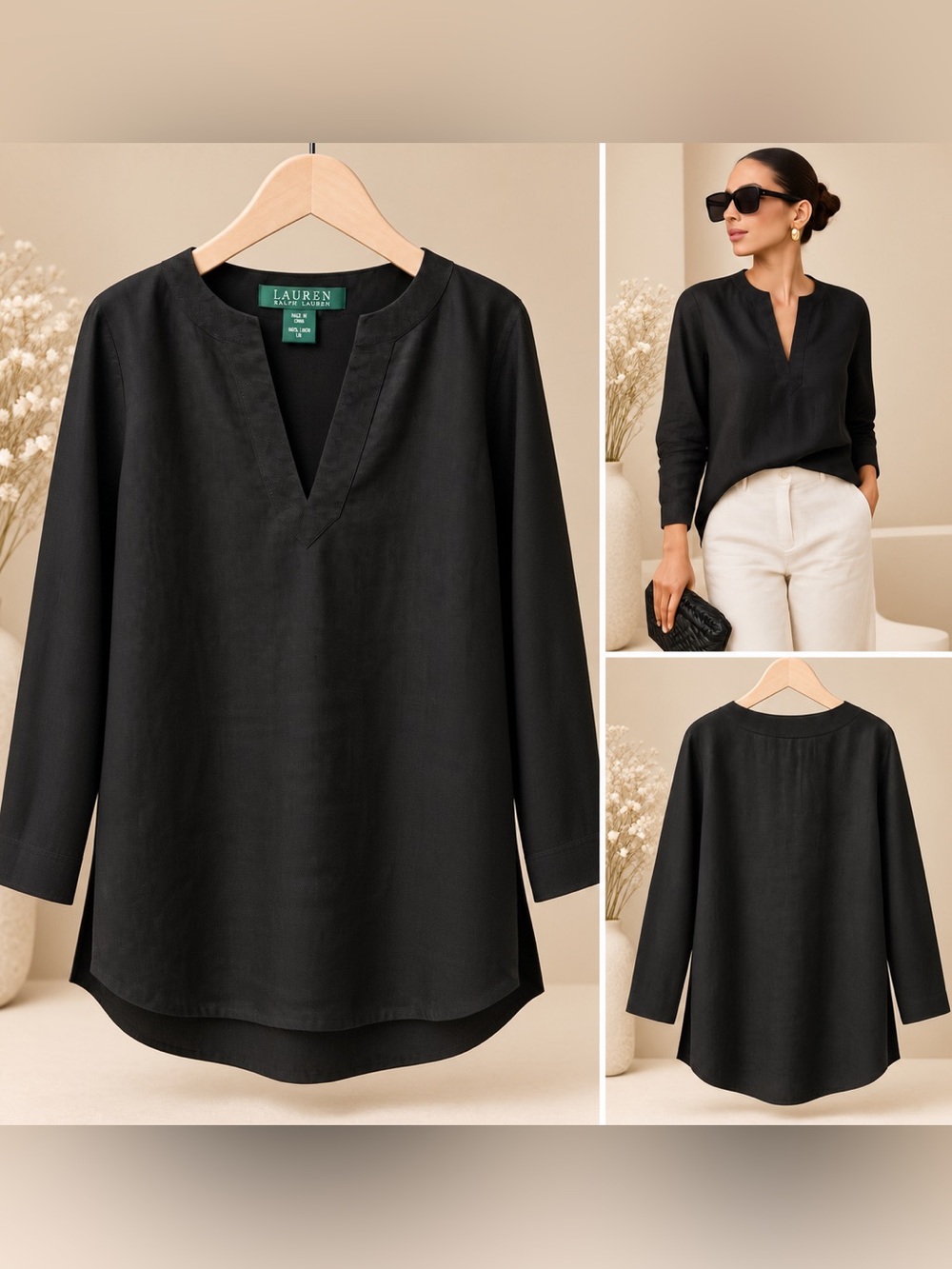 Lauren Ralph Lauren Black 199% Linen Women Split-Neck Tunic Top ✨